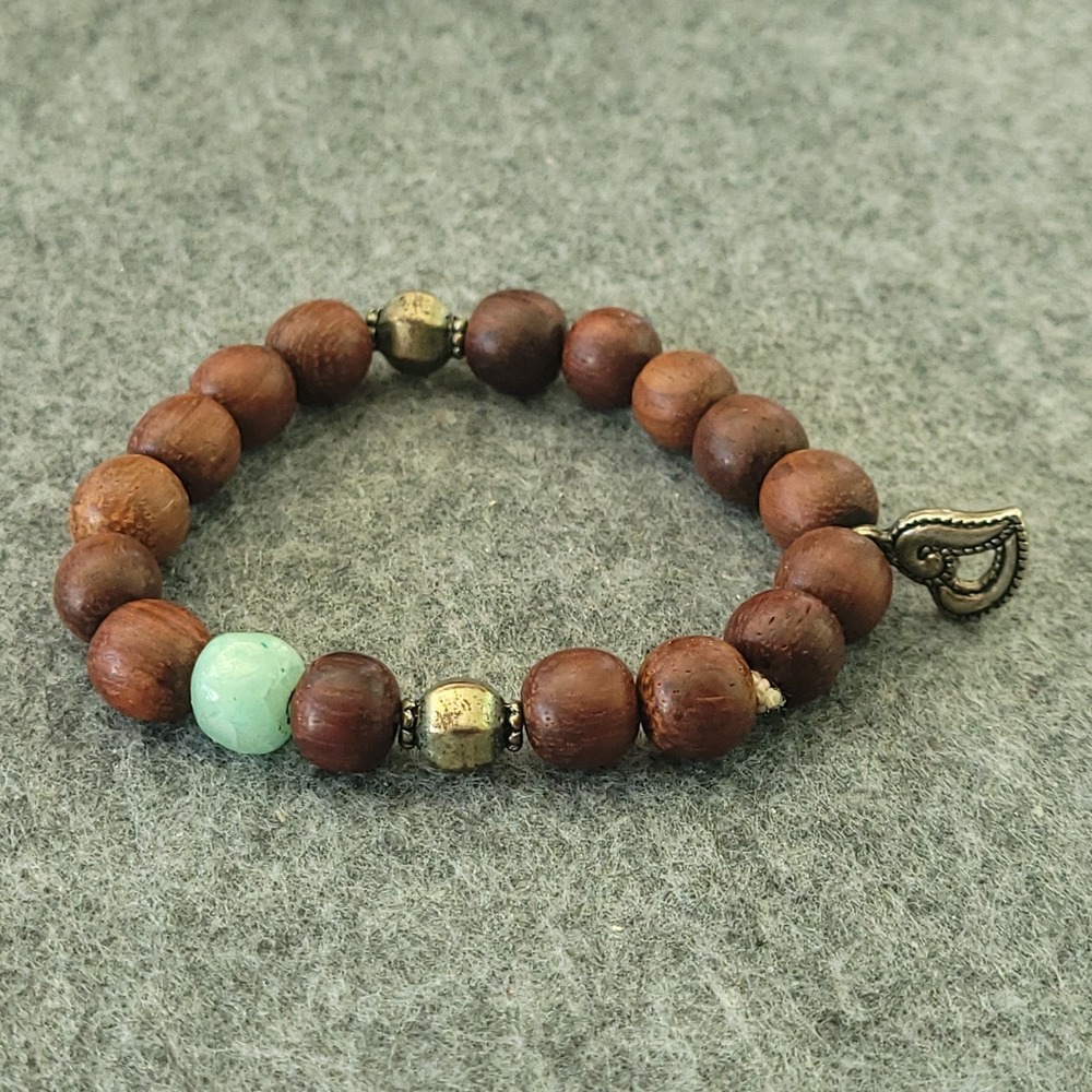 Wood Bead Stretch Bracelet Turquoise-Color Accent Charm Boho